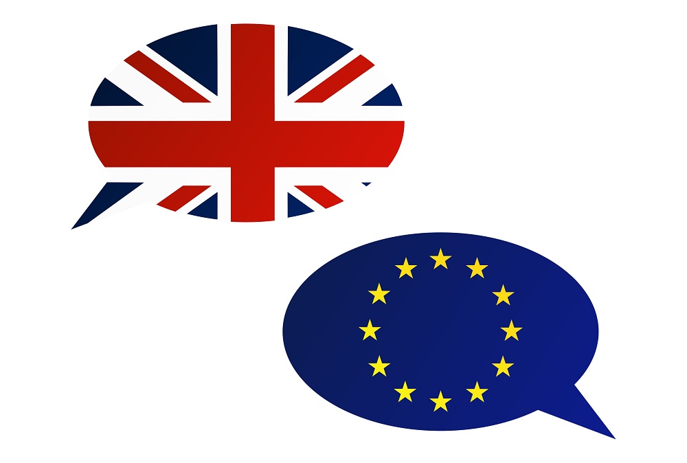 Election or referendum in Great Britain. Conversation dialogue bubbles between European Union and United Kingdom.