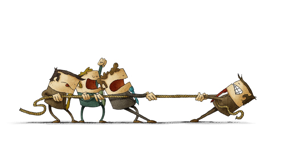 Illustration of business people pulling a rope against their boss. isolated, white background.